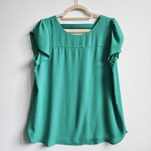 Ann Taylor LOFT Green Tulip Sleeve Blouse with Bar Back Detail, Size Medium